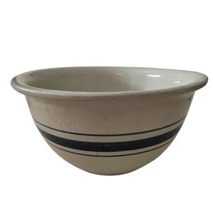 Vintage Stoneware Mixing Bowl Cream Blue Horizontal Stripes Farmhouse 9.5"
